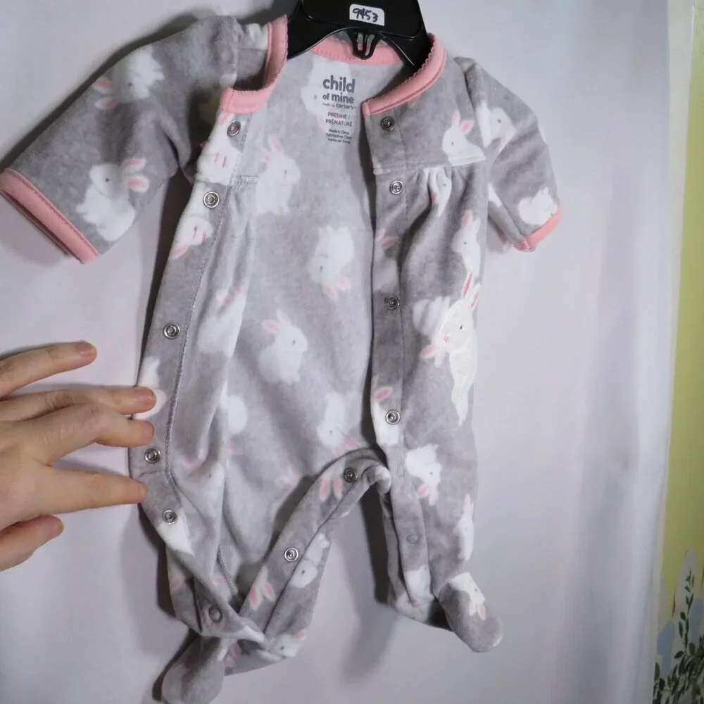 Baby Rabbit Bunny Fleece Footed Sleeper Carter's Pink & Gray Preemie